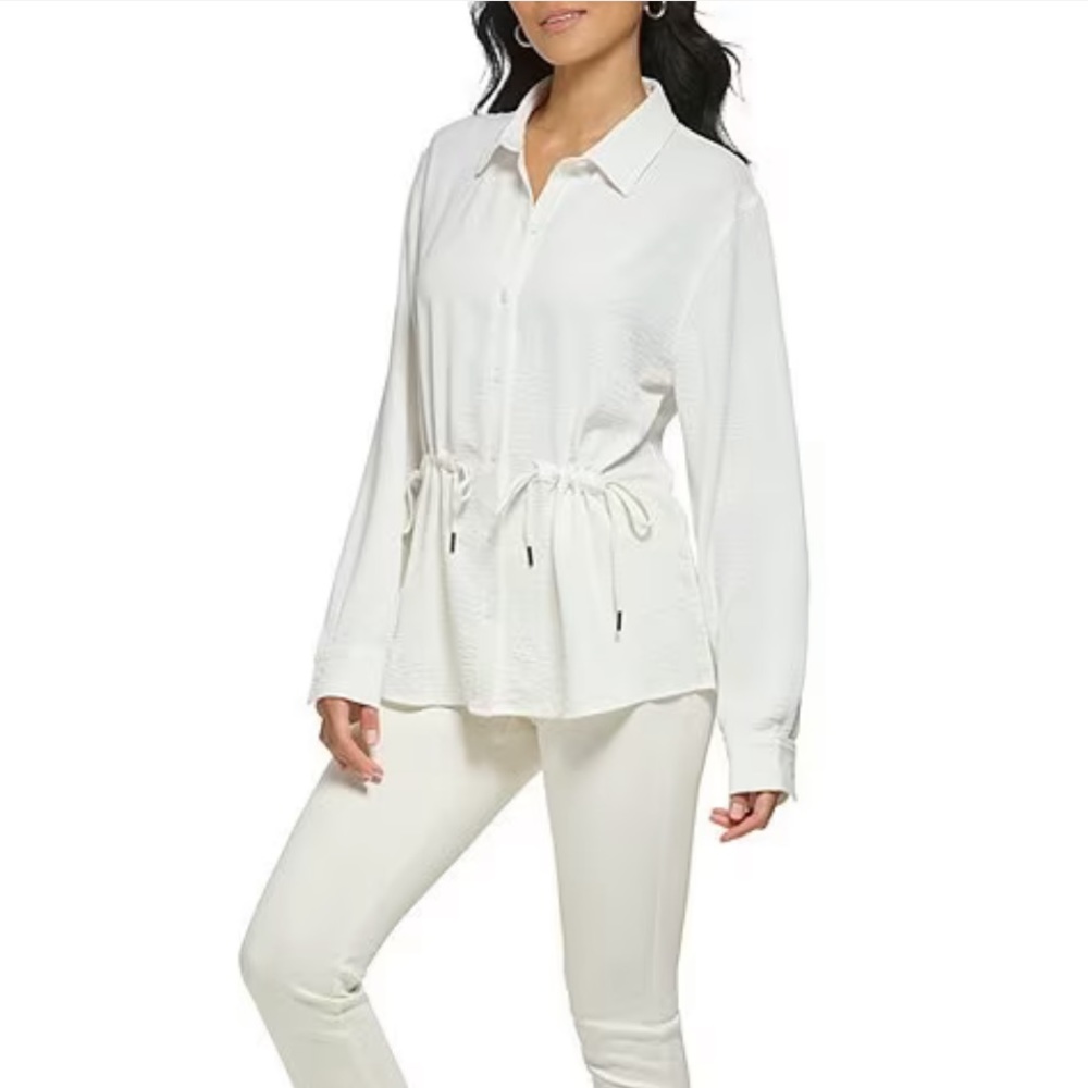 Calvin Klein Point Collar Cinched Tie Waist Woven Blouse
